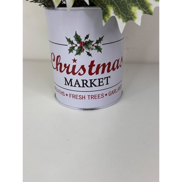 Artificial Christmas Arrangement In White Christmas Market Tin For Holiday Decor - Picture 5 of 9